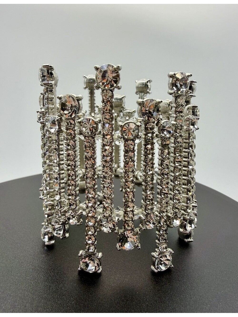 Wide Clear Rhinestone Crystal Stretch Cuff Bracelet Silver Tone Statement [COPY]